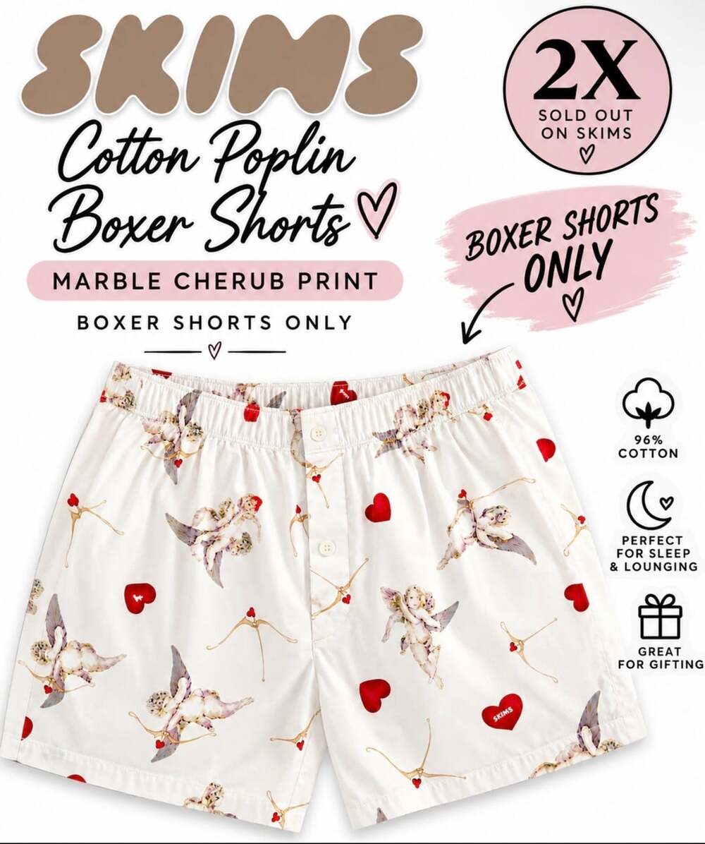 SKIMS Cotton Poplin Boxer Shorts Marble Cherub Print Size 2X NWT